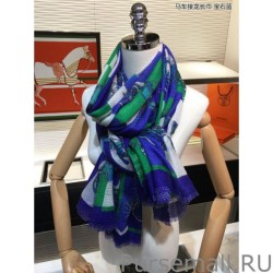 High Quality Hermes Carriage Solitaire Cashmere Shawl 110 x 200 Blue