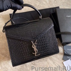 Copy YSL Saint Laurent Cassandra Medium Top Handle Crocodile Bag Black