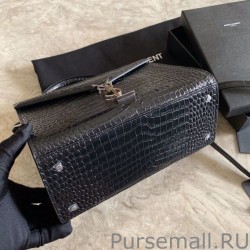 Copy YSL Saint Laurent Cassandra Medium Top Handle Crocodile Bag Black