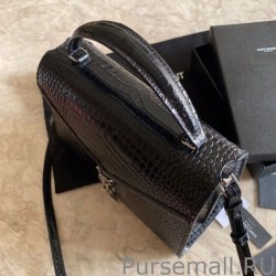 Copy YSL Saint Laurent Cassandra Medium Top Handle Crocodile Bag Black