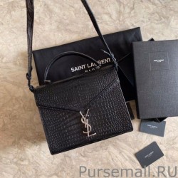 Copy YSL Saint Laurent Cassandra Medium Top Handle Crocodile Bag Black