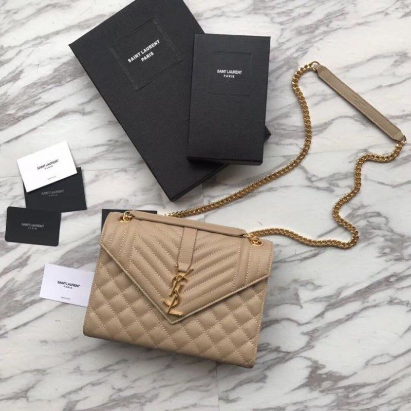 Best YSL Saint Laurent Envelope Small Bag Grain Embossed Apricot