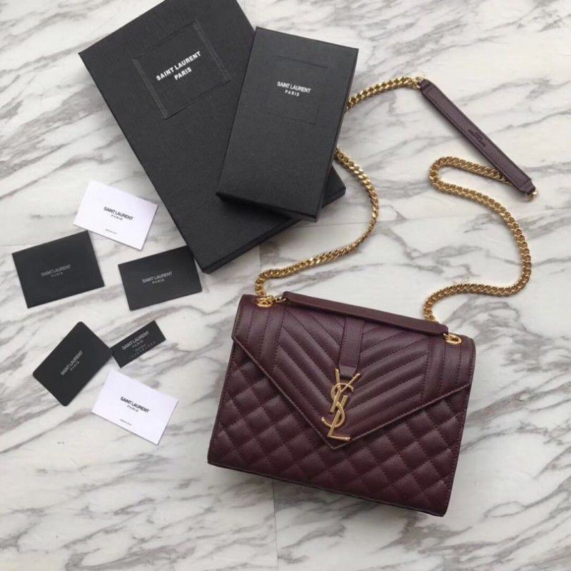 Top Quality YSL Saint Laurent Envelope Small Bag Grain Embossed Claret