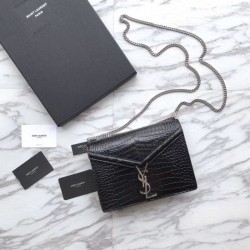 Copy YSL Saint Laurent Enveloppe Mini Chain Wallet Crocodile Black