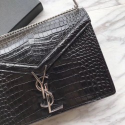 Copy YSL Saint Laurent Enveloppe Mini Chain Wallet Crocodile Black