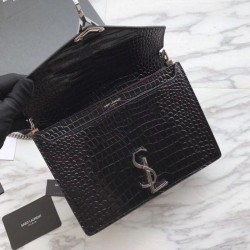 Copy YSL Saint Laurent Enveloppe Mini Chain Wallet Crocodile Black