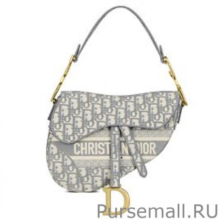 Replica Christian Dior Saddle Original Oblique Embroidered Canvas Bag Gray