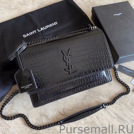 AAA+ YSL Saint Laurent Medium Sunset Bag In Crocodile Embossed Black Hardware