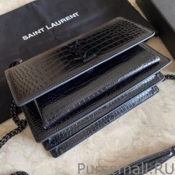 AAA+ YSL Saint Laurent Medium Sunset Bag In Crocodile Embossed Black Hardware