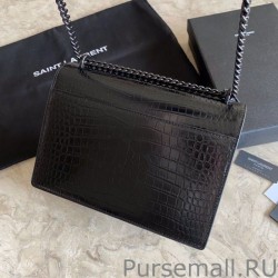 AAA+ YSL Saint Laurent Medium Sunset Bag In Crocodile Embossed Black Hardware