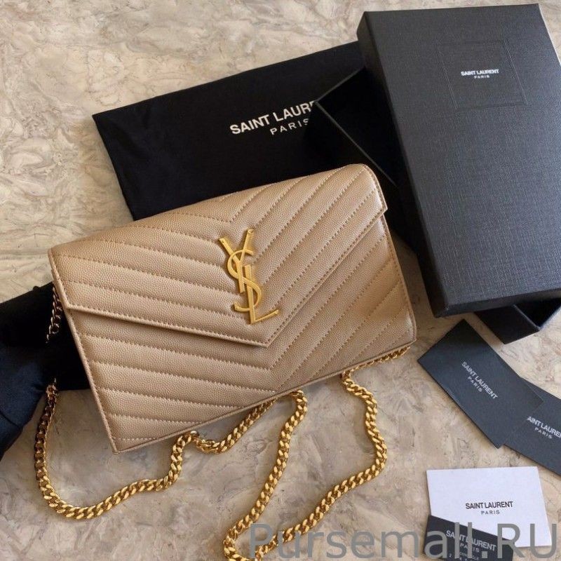 7 Star YSL Saint Laurent Monogram Envelope Chain Wallet Grained Leather Apricot