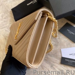 7 Star YSL Saint Laurent Monogram Envelope Chain Wallet Grained Leather Apricot