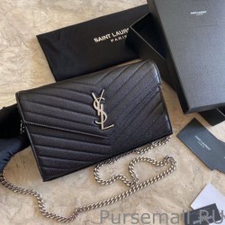 Top Quality YSL Saint Laurent Monogram Envelope Chain Wallet Grained Leather Black Silver Hardware