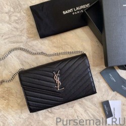 Top Quality YSL Saint Laurent Monogram Envelope Chain Wallet Grained Leather Black Silver Hardware