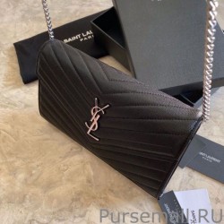 Top Quality YSL Saint Laurent Monogram Envelope Chain Wallet Grained Leather Black Silver Hardware