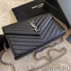 Top Quality YSL Saint Laurent Monogram Envelope Chain Wallet Grained Leather Black Silver Hardware