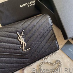 Top Quality YSL Saint Laurent Monogram Envelope Chain Wallet Grained Leather Black Silver Hardware