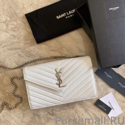 Cheap YSL Saint Laurent Monogram Envelope Chain Wallet Grained Leather White