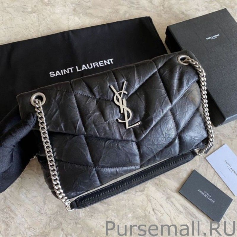 7 Star YSL Saint Laurent Loulou Puffer Medium Bag Quilted Wrinkly Matte Leather Black