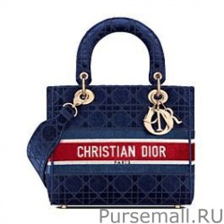 1:1 Mirror Christian Dior Medium Lady D-lite Bag Velvet Cannage Embroidery Dark Blue