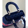 1:1 Mirror Christian Dior Medium Lady D-lite Bag Velvet Cannage Embroidery Dark Blue