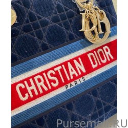 1:1 Mirror Christian Dior Medium Lady D-lite Bag Velvet Cannage Embroidery Dark Blue