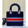 1:1 Mirror Christian Dior Medium Lady D-lite Bag Velvet Cannage Embroidery Dark Blue