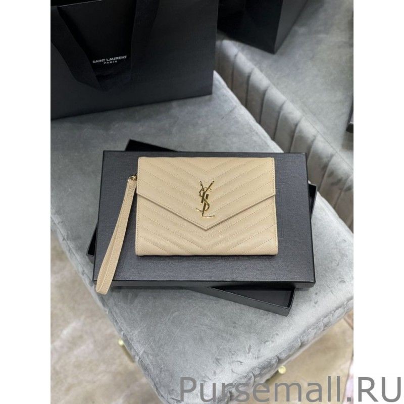 Replicas YSL Saint Laurent Monogram Clutch Quilted Grain Dark Beige