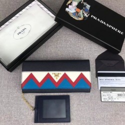 Fashion Prada Saffiano leather flap wallet decorated with multicolored Greek key motif Blue