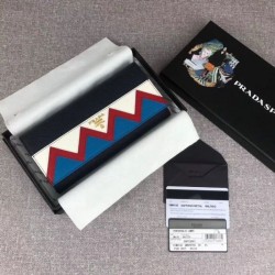 Fashion Prada Saffiano leather flap wallet decorated with multicolored Greek key motif Blue