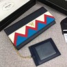 Fashion Prada Saffiano leather flap wallet decorated with multicolored Greek key motif Blue