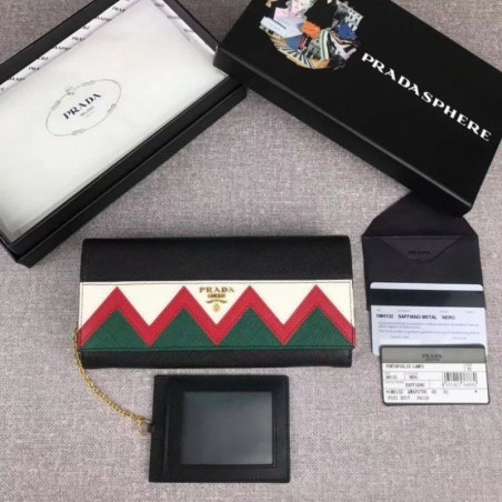 1:1 Mirror Prada Saffiano leather flap wallet decorated with multicolored Greek key motif Green