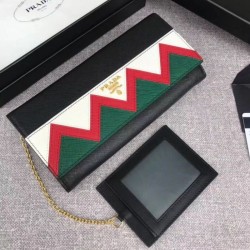 1:1 Mirror Prada Saffiano leather flap wallet decorated with multicolored Greek key motif Green