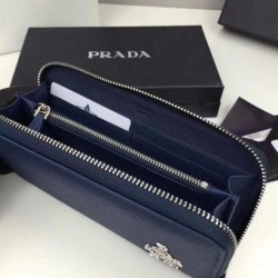 High Prada Saffiano Zip Around Wallet Dark Blue