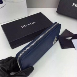 High Prada Saffiano Zip Around Wallet Dark Blue