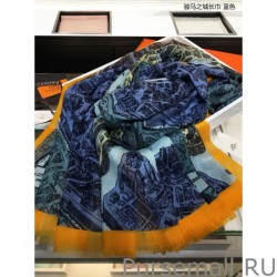 Perfect Hermes City of Horses Cashmere Scarf 110 x 200 Blue