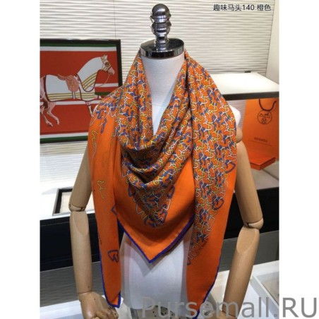 Copy Hermes fun horsehead cashmere silk Shawl 140 Orange