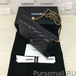 Perfect Chevron V Stitch Chain Wallet Leather A33814 Black