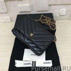 Perfect Chevron V Stitch Chain Wallet Leather A33814 Black