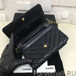 Perfect Chevron V Stitch Chain Wallet Leather A33814 Black