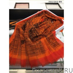 High Hermes Sky Horse Check Cashmere Long Scarf 110 x 200 Orange