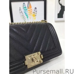 Wholesale Medium Chevron Boy Flap Shoulder Bag A67086 Black Golden Hardware