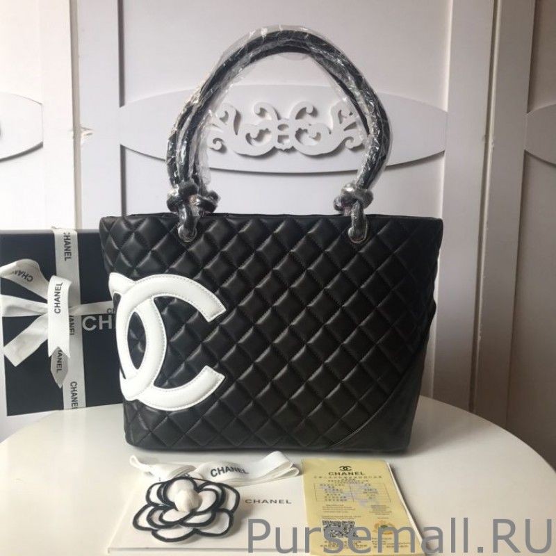 Replicas Cambon Lambskin Tote Bag with White CC A25169 Black