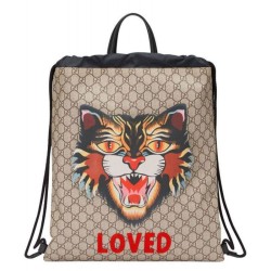 AAA+ Angry Cat Print Soft GG Supreme Drawstring Backpack 473872 Coffee
