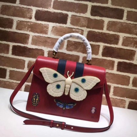 Top Leather Top Handle Bag with Moth 488691 Red